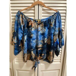 Pineapples Boutique Made in Hawaii Blue & Brown Tye Dye Front Tie Crop Ruffle